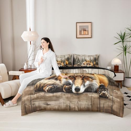 Erosebridal Fox Hunting Bed in A Bag 7 Pcs Jungle Wildlife Comforter Set for Women Men Natural Woodland Animals Bedding Sets King Rustic Country Pine Trees Sheet Set with Comforter
