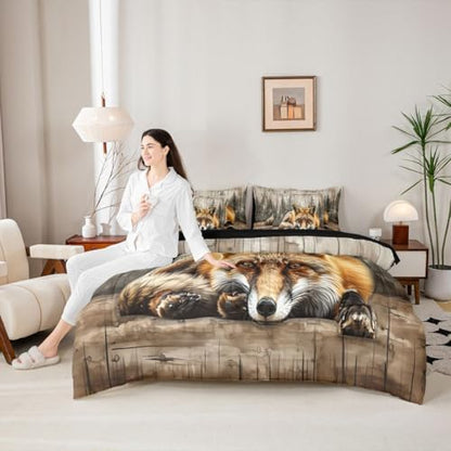 Erosebridal Fox Hunting Bed in A Bag 7 Pcs Jungle Wildlife Comforter Set for Kids Boys Girls Natural Woodland Animals Bedding Sets Full Rustic Country Pine Trees Sheet Set with Comforter