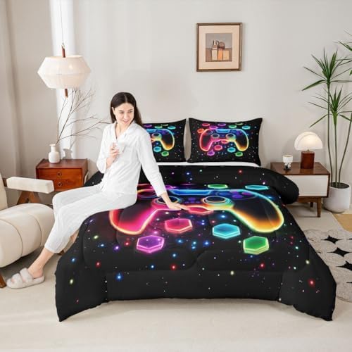 Game Consoles Kids Boys Reversible Comforter Set Full Size,Gaming Bedding Sets Galaxy 3D Neon Honeycomb Video Games Polyester Quilt Set Gamer Room Decor Gifts,2 Pillowcases (Red Green Blue)