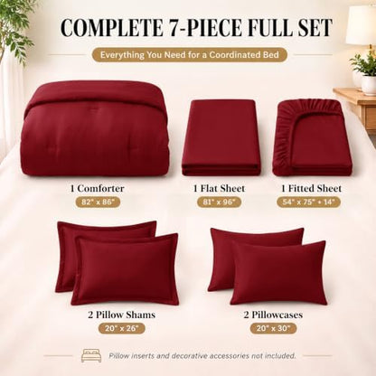 CozyLux Full Size Comforter Set Dark Red, 7 Pieces Bed in a Bag