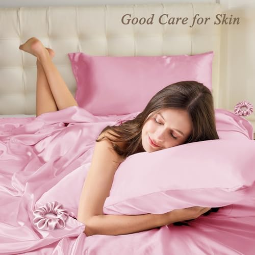 Vielit King Satin Pillowcase for Hair 2pc,Similar to Silk Pillow Cases, for Women Men,Pink,20x36 & Envelope Closure and 2 Satin Scrunchies