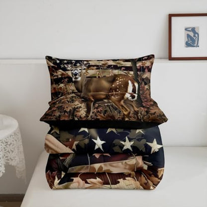 Feelyou Cute Deer Comforter Set Queen Size for Girls Boys Kids Deer Hunting Bedding Set Room Decor American Flag Camo Bedding Set Cabin Deer Brown Duvet Set 3Pcs Quilt Set
