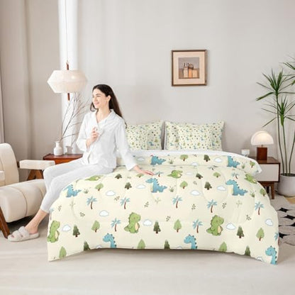Feelyou Cute Dinosaur 7 Piece Bedding Set Cartoon Dino Comforter Set with Sheets for Kids Boys Girls Animal Theme Bed in a Bag Yellow Blue Green Bed Set Soft Lightweight