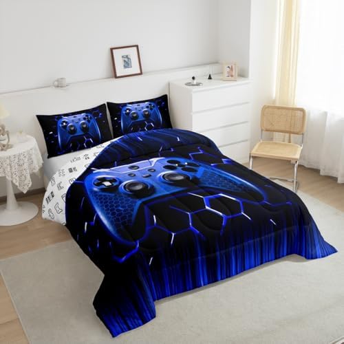 Manfei Honeycomb Gamepad Comforter Set Twin Size, Blue Geometric Reversible Bedding Set 2pcs for Kids Boy Game Room Decor, Modern Gamer Down Comforter Modern Gaming Quilt Set with 1 Pillowcase
