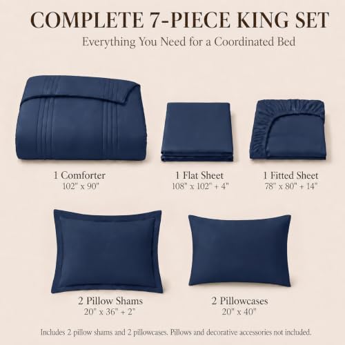CozyLux King Size Comforter Set Navy Blue- 7 Pieces Bed in a Bag