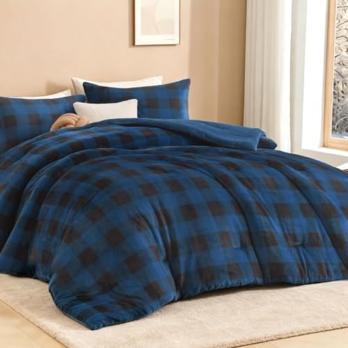 Litanika Velvet Flannel Plaid Comforter Set Queen, 3 Pcs Blue Blanket