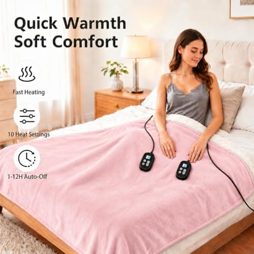 Electric Heated Blanket King Size 90" x 100", Soft Flannel for Bed, Couples, 10 Heat Settings, 1-12H Auto Shut Off, Dual Zone Controls, Overheat Protection, Machine Washable, Light Pink
