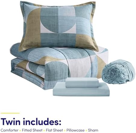 Geometric Comforter Set Twin Size with Sheets Bed in a Bag – Deep Pocket Fitted Sheet with Elastic Corners, Cozy Comforter, Pillowcases & Shams – Soft Microfiber All Season Bedding – Machine Washable