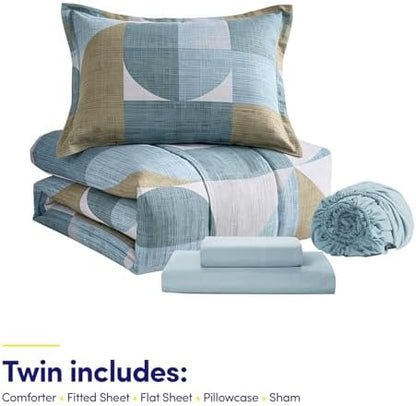Geometric Comforter Set Twin Size with Sheets Bed in a Bag – Deep Pocket Fitted Sheet with Elastic Corners, Cozy Comforter, Pillowcases & Shams – Soft Microfiber All Season Bedding – Machine Washable
