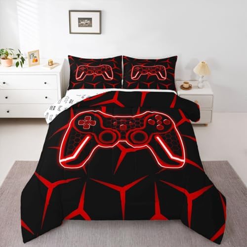 Feelyou Gamer Bedding Set Full Size Gaming Duvet Quilt for Kids Teens Adults Game Controller Comforter Set Geometric Gamepad Red Room Decor 3Pcs with 2 Pillow Case