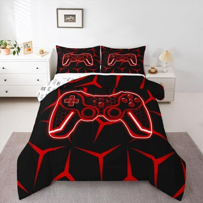 Feelyou Gamer Bedding Set Full Size Gaming Duvet Quilt for Kids Teens Adults Game Controller Comforter Set Geometric Gamepad Red Room Decor 3Pcs with 2 Pillow Case