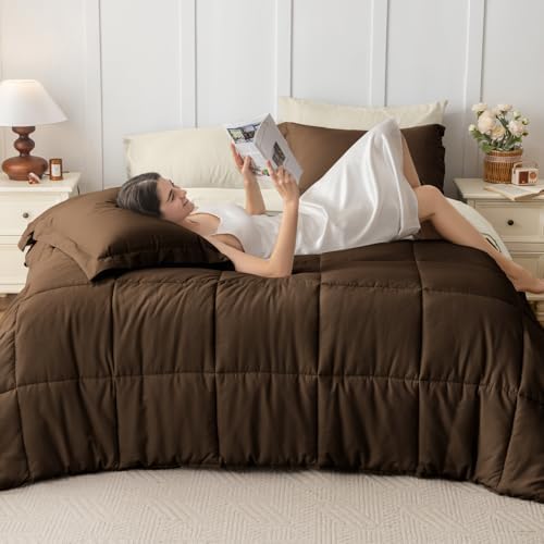 JOLLYVOGUE Oversized Queen Comforter Set, Ultra-Soft Bed in a Bag 7 Pieces, Oeko-TEX Certified Bedding Set with Down Alternative Comforter, Sheets, Pillowcases & Shams, Brown & Beige