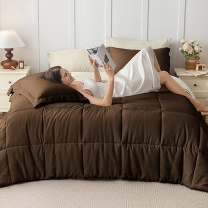 JOLLYVOGUE Oversized Queen Comforter Set, Ultra-Soft Bed in a Bag 7 Pieces, Oeko-TEX Certified Bedding Set with Down Alternative Comforter, Sheets, Pillowcases & Shams, Brown & Beige
