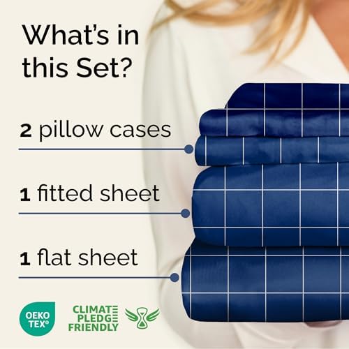 Full 4 Piece Striped Sheet Set - Soft, Breathable & Cooling - Blue Grid
