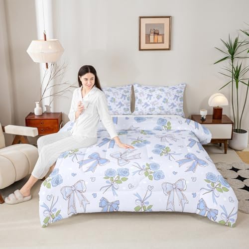 Castle Fairy Blue Bowknot Comforter Set King Size,Dreamy Princess Style Down Alternative Adults Bedroom Decor,Retro Blue Rose Farmhouse Ultra Soft Microfiber Inner Fill 3 Pcs Bedding