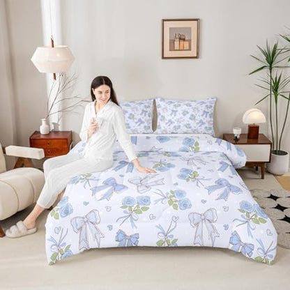 Castle Fairy Blue Bowknot Bed Comforter Set Queen Size,Dreamy Princess Style Super Soft Microfiber Bedding Set for Girls Boys,Retro Blue Rose Farmhouse Decorative Quilter Set 3 Pcs