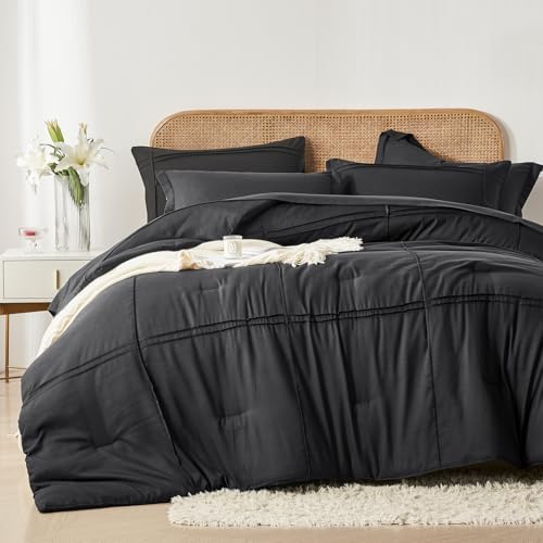 Yogeneg Full Size Comforter Set 7 Piece Bed in a Bag,Grid Pinch Pleat Black Bedding Set,Striped Textured Soft Microfiber Comforter with Sheet Set,All Season Complete Bed Set(Black,Full)