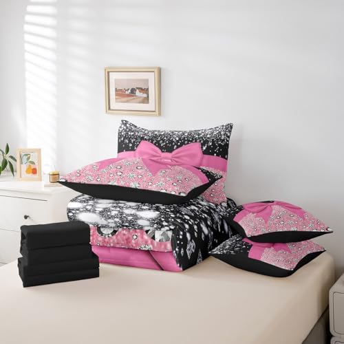 Pink Bowknot Bed in a Bag King Size Comforter Set 7 Pieces,Cute Bow Knot Bedding Set,Kawaii Silk Ribbon Sheet Set Glitter Sequin Print Diamond Bed Set,Dreamy Princess Style Pink Home Decor