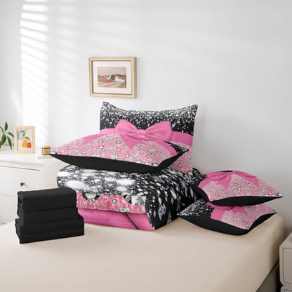 Pink Bowknot Bed in a Bag King Size Comforter Set 7 Pieces,Cute Bow Knot Bedding Set,Kawaii Silk Ribbon Sheet Set Glitter Sequin Print Diamond Bed Set,Dreamy Princess Style Pink Home Decor