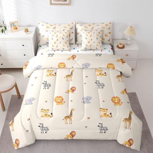 Erosebridal Cute Animals 7 Pieces Bedding Set Cartoon Giraffe Lion Tiger Wildlife Twin Comforter Set Kids Zoo Wild Animals Bed in A Bag with Flat and Fitted Sheet Elephant Zebra Woodland Bed Set