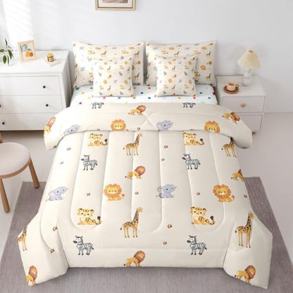 Erosebridal Cute Animals 7 Pieces Bedding Set Cartoon Giraffe Lion Tiger Wildlife Twin Comforter Set Kids Zoo Wild Animals Bed in A Bag with Flat and Fitted Sheet Elephant Zebra Woodland Bed Set