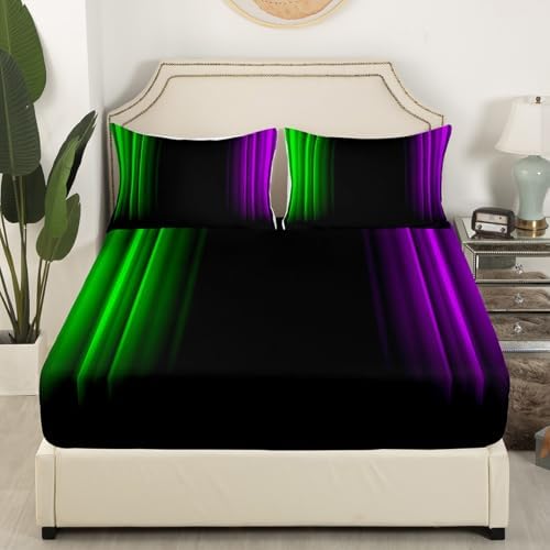 Feelyou Teens Abstract Ombre Decorations Bedding Set for Kids Women Green Purple and Black Bed Sheets Set Geometric Modern Fitted Sheet Sets Room 4Pcs King Size