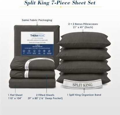 Therapedic 100% Egyptian Cotton 7 Piece Split King Sheets Set (Charcoal)