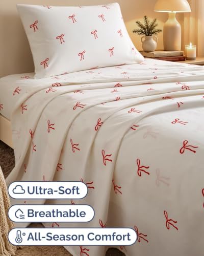 Christmas Sheet Set, Dainty Red Bows, Holiday Xmas Bedding Set - Twin XL