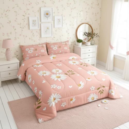Homewish Girls Daisy Flowers Twin Size Comforter Set,Kids Petals and Leaves Decor All Season Bedding Set,Teens Pink and White Comforter,Children Daisy Decor Quilt Set Bedroom Collection 2Pcs
