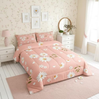 Homewish Daisy Flowers Children Comforter Set,Petals and Leaves Bedding Set for Women Girls,Adults Soft Pink and White Comforter,Kids Daisy Quilted Duvet Set Bedroom Collection King Size 3Pcs