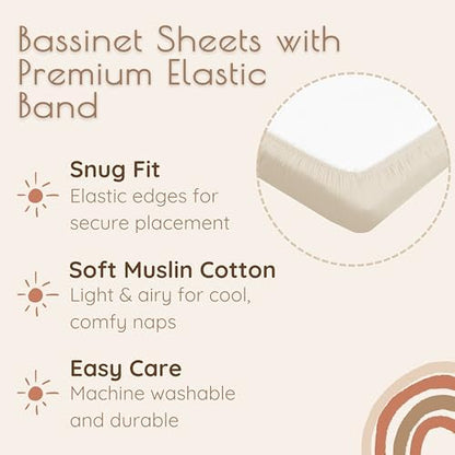 Baby Bassinet Sheets Boys –100% Muslin Bassinet Sheets Rectangle, 2 pc Bassinet Mattress Sheets, 32"x16"x 4", Oeko-TEX Certified, Bedside Bassinet Sheet (Beige + Cream)