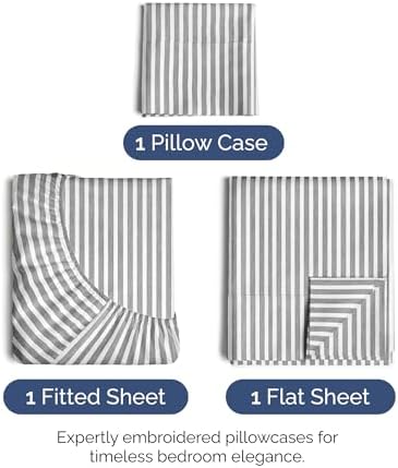 Twin XL Size 3 Piece Sheet Set - Soft & Cooling Bed Sheets - Grey Stripes 1