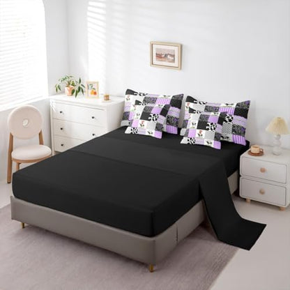 Erosebridal Kawaii Highland Cow 7 Pcs Comforter Set King Size,Cute Cattle Print Bedding,Farm Animals Bed Sheet with Pillowcase & Sham Honeycomb Plaid Pattern Geometric Stripes
