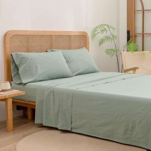 BESTOUCH Cal King Washed Cotton Linen Feel Sheet Set 4 Pcs Solid Green