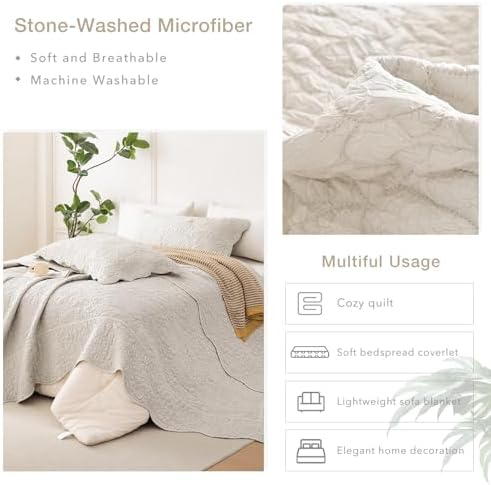 Masaca Oversized King Quilt 120x120,Wheat Crinkled Oversized California King Bedspread Shabby Boho Chic Rustic Lightweight Stone-Washed Scallop Extra Large Quilt Bedding Set Ultra Soft