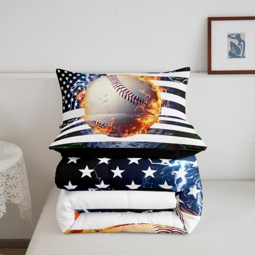 American Flag Comforter Set, Baseball Bedding Set Full For Kids Boys Teens Bedroom Decor, Camouflage Down Comforter Usa Federations Stars Sports Games Quilted Duvet With 2 Pillow Cases, Red Black