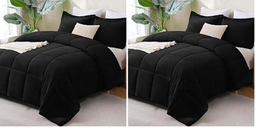 CozyLux Queen Comforter Set Black - 3 Pieces Box Stitched Comforters Queen Size, Soft Bed Set for All Seasons, Lightweight Bedding Sets with 1 Down Alternative Comforter and 2 Pillow Shams (Pack of 2)