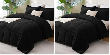 CozyLux Queen Comforter Set Black - 3 Pieces Box Stitched Comforters Queen Size, Soft Bed Set for All Seasons, Lightweight Bedding Sets with 1 Down Alternative Comforter and 2 Pillow Shams (Pack of 2)