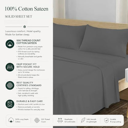 Feather & Stitch 100% Cotton Sateen 500 TC Split King Size Bed Sheet Set