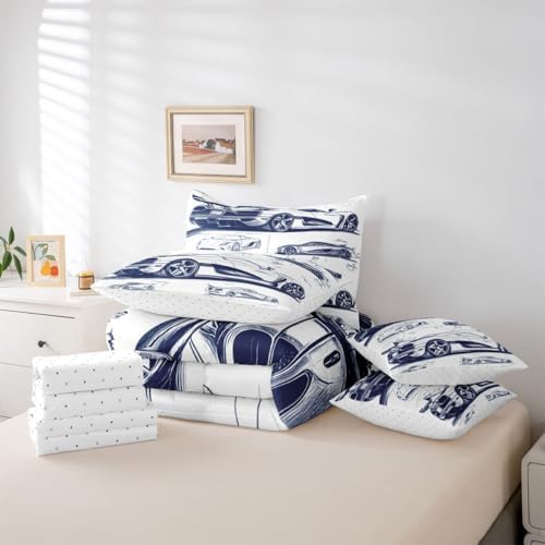 Feelyou Navy Blue Race Car Comforter Set with Sheets 7 Piece Twin Size Speed Sports Car Bedding Set for Kids Boys Girls Extreme Sports Bed in a Bag Room Decor Soft Lightweight Microfiber