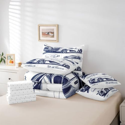 Feelyou Navy Blue Race Car Comforter Set with Sheets 7 Piece Twin Size Speed Sports Car Bedding Set for Kids Boys Girls Extreme Sports Bed in a Bag Room Decor Soft Lightweight Microfiber