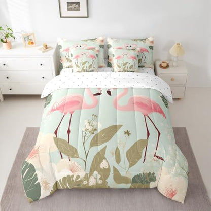 Erosebridal Flamingo 7 Piece Bedding Set Full Tropical Hawaii Comforter Set with Sheets Cherry Blossom Branch Bed in a Bag Spring Romantic Style Bed Sets