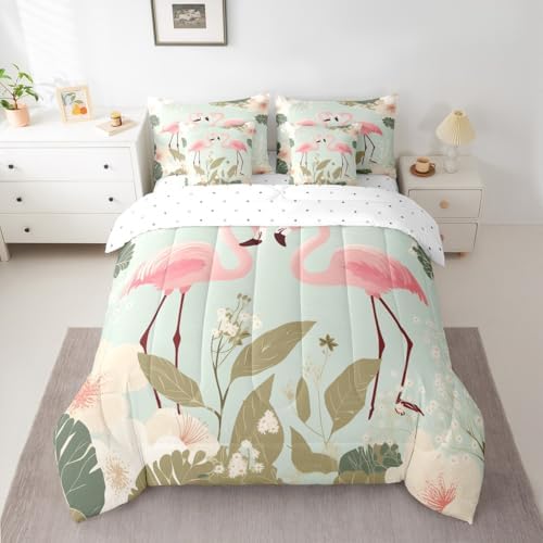 Erosebridal Flamingo 7 Piece Bedding Set Twin Tropical Hawaii Comforter Set with Sheets Cherry Blossom Branch Bed in a Bag Spring Romantic Style Bed Sets