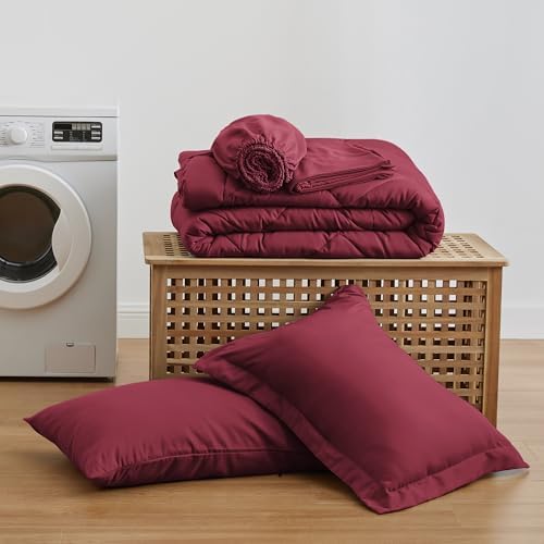 Love's cabin Twin Comforter Set Burgundy, 5 Pieces Twin Bed in a Bag, All Season Bedding Sets with 1 Comforter, 1 Flat Sheet, 1 Fitted Sheet, 1 Pillowcase and 1 Pillow Sham