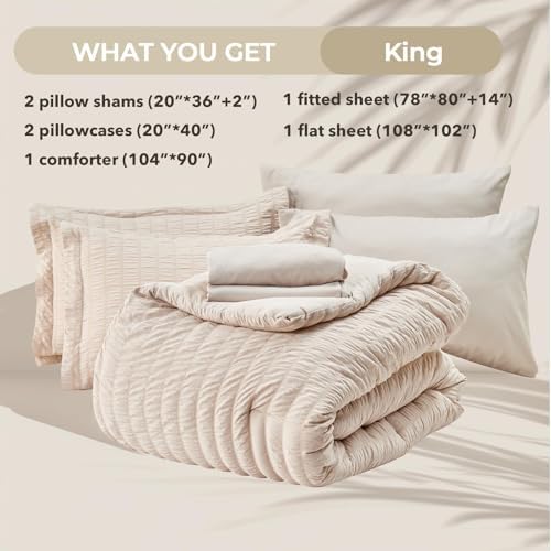HYMOKEGE Beige King Size Comforter Set Seersucker 7 Pieces, All Season Luxury Bed in a Bag for Bedroom, Bedding Set with Comforters, Sheets, Pillowcases & Shams
