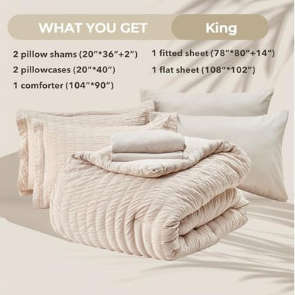 HYMOKEGE Beige King Size Comforter Set Seersucker 7 Pieces, All Season Luxury Bed in a Bag for Bedroom, Bedding Set with Comforters, Sheets, Pillowcases & Shams