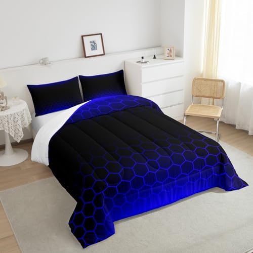 Blue Black Ombre Honeycomb Bedding Set King Size, Geometrics Hexagon Comforter Abstract Blue and Black Comforter Set for Kids Toddler Beehive Hexagon Duvet Set Durable Bed Set 3Pcs