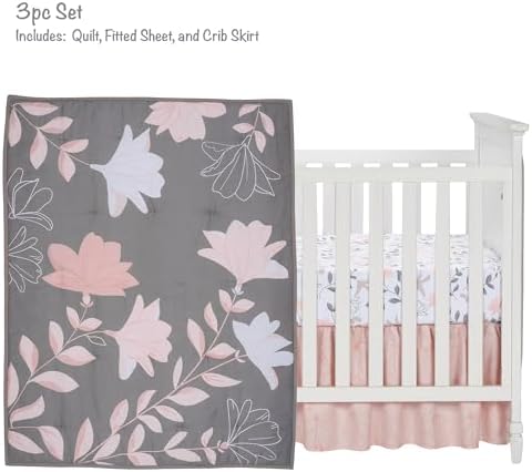 Lambs & Ivy Petals Gray/Pink Sateen Cotton Floral 3-Piece Baby Crib Bedding Set