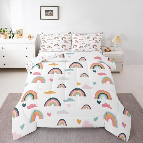 Erosebridal Kids Rainbow Bedding Set, Girly Love Heart Comforter Set Full Size Cartoon Rainbow Cloud Duvet Sets for Girls Boys Women Bedroom Decor, Soft Microfiber Down Comforter 3 Pieces,Colorful