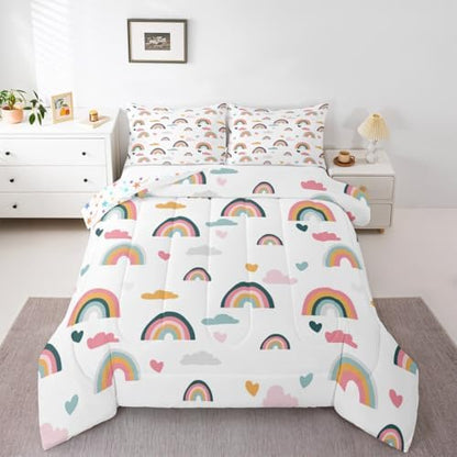 Erosebridal Kids Rainbow Bedding Set, Girly Love Heart Comforter Set Full Size Cartoon Rainbow Cloud Duvet Sets for Girls Boys Women Bedroom Decor, Soft Microfiber Down Comforter 3 Pieces,Colorful